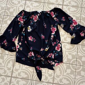 White Birch Floral Off-Shoulder Blouse - Black with Pink and Yellow